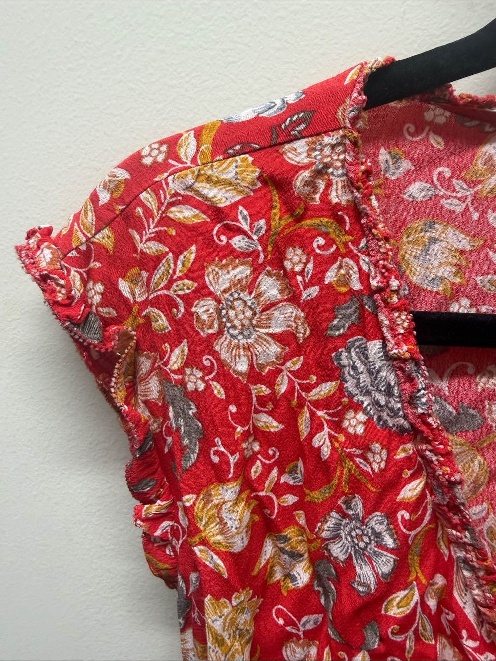 LOFT Red Floral Ruffle-Trim Wrap Dress
